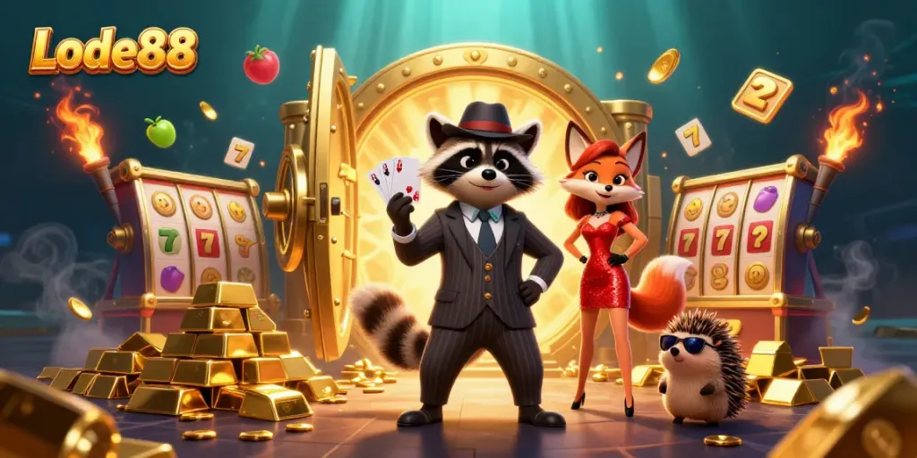 Experience thrilling wins at Lode88 with raccoon, fox and hedgehog celebrating amidst treasures and jackpots.