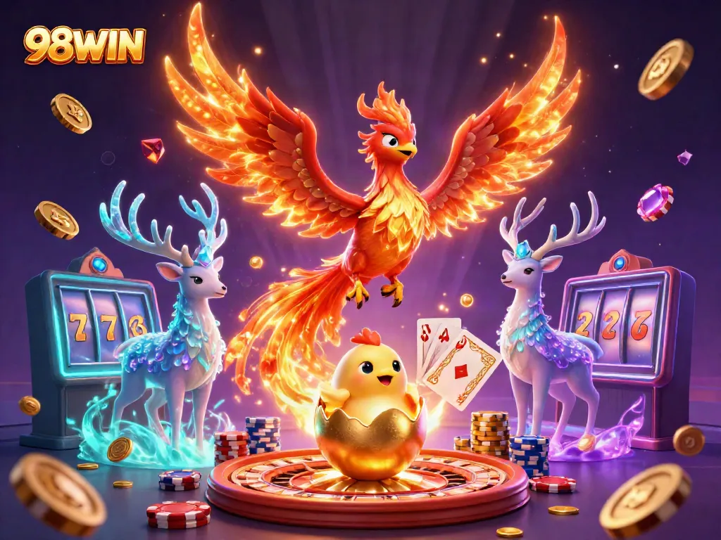 Experience the excitement of 98WIN with vibrant casino elements and mythical characters in this stunning illustration.