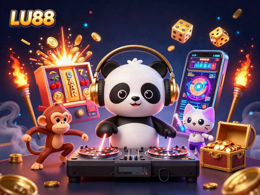 LU88 showcases exciting casino energy with a DJ panda, dancing monkey, and rave kitten amidst vibrant slot machines and gold rain.