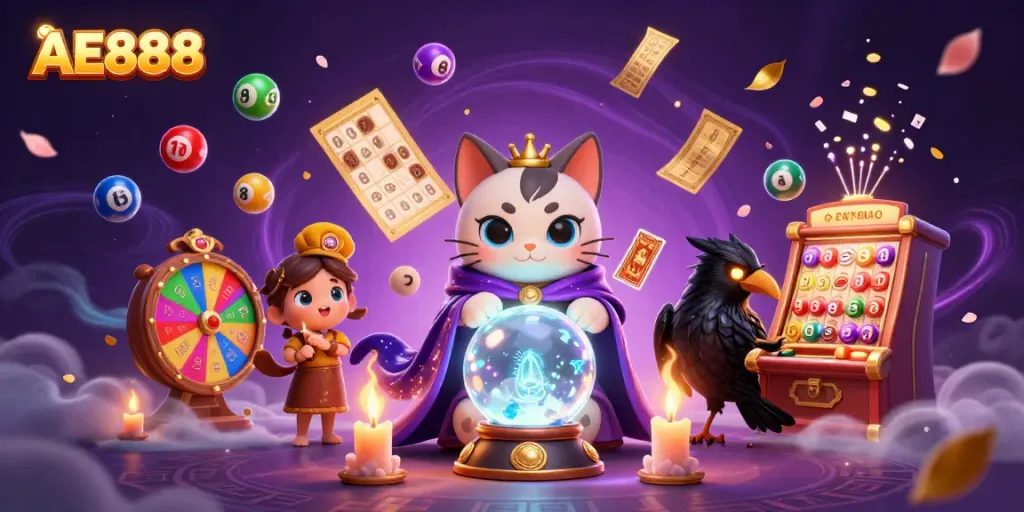 Engage with AE888's vibrant mystical world featuring a fortune teller cat, tarot raven, and lottery-themed elements.