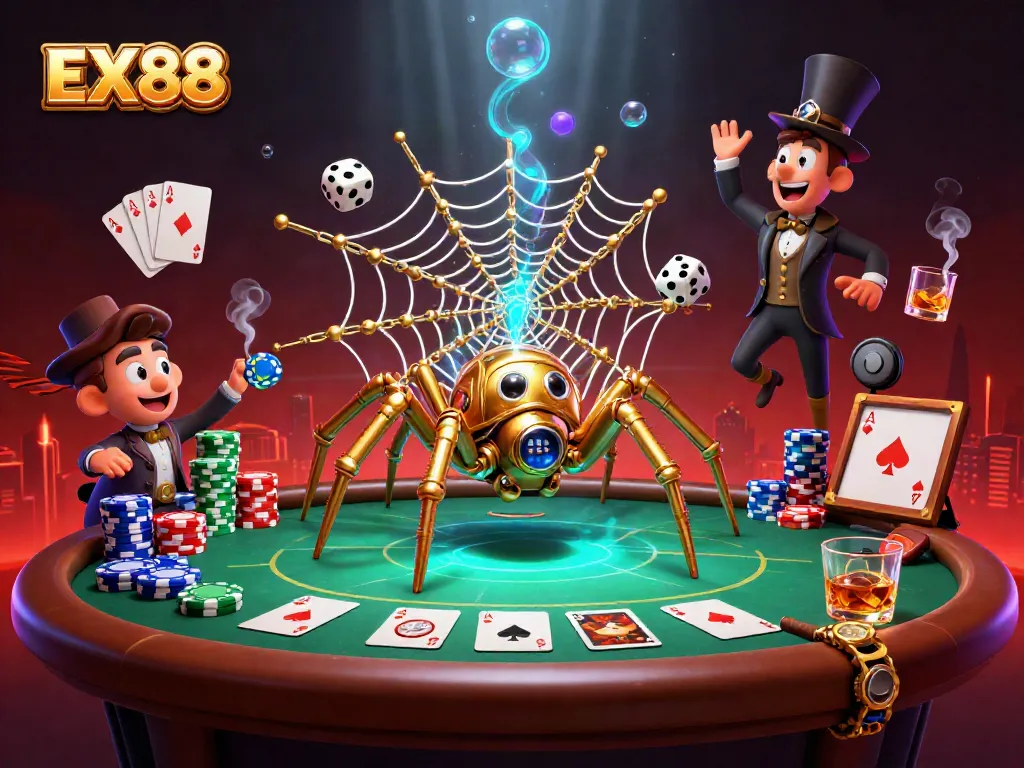 Play poker at EX88 with a whimsical steampunk spider and high-stakes dice