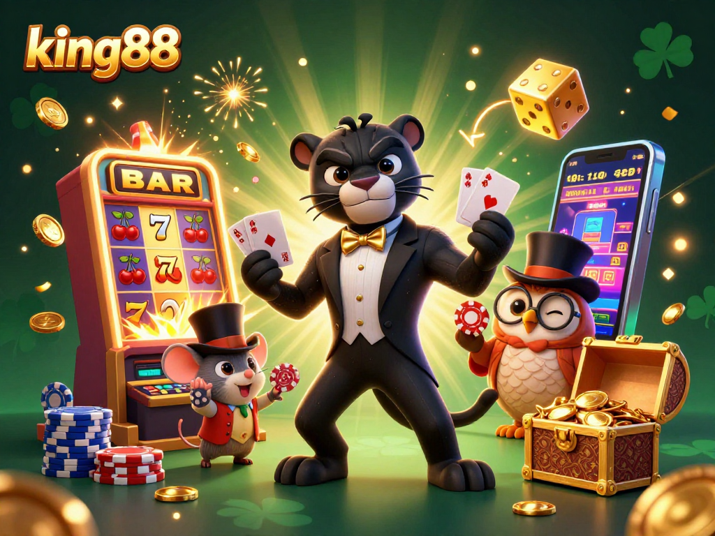Experience the excitement of king88 with a stylish panther dealer, colorful casino games, and overflowing jackpots in a vibrant scene.