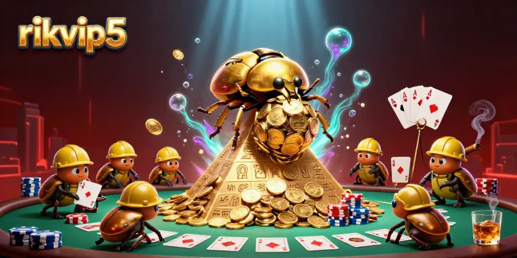 Play exciting games at rikvip5, featuring a vibrant 3D cartoon golden beetle scene with casino elements.