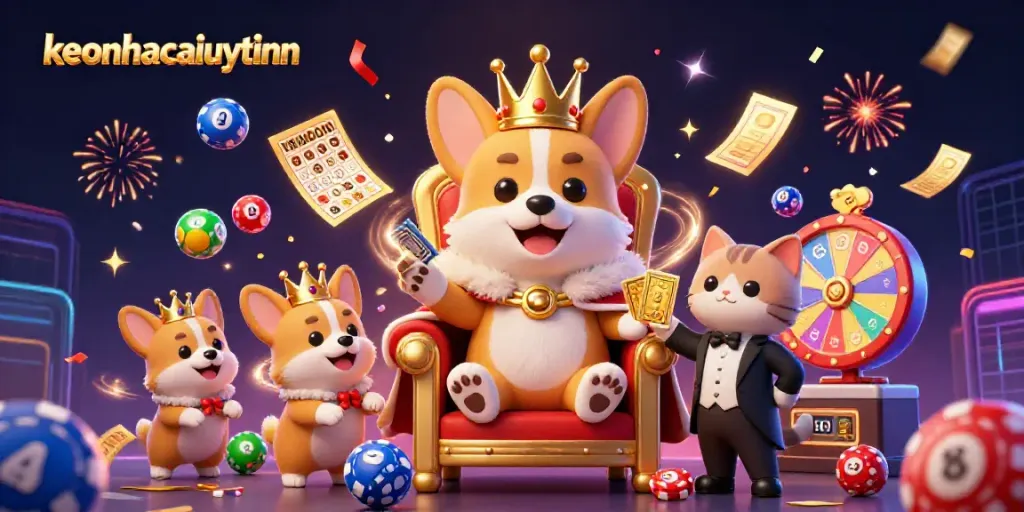 Experience the excitement of keonhacaiuytinn with vibrant lottery balls and a royal corgi in a lavish casino scene.