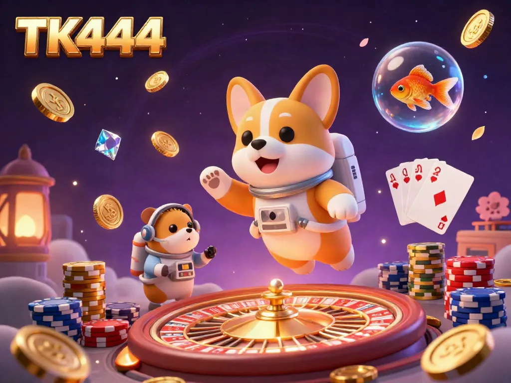 Engage with TK444 in a vibrant 3D casino scene featuring an astronaut corgi, mission-control hamster, and goldfish.
