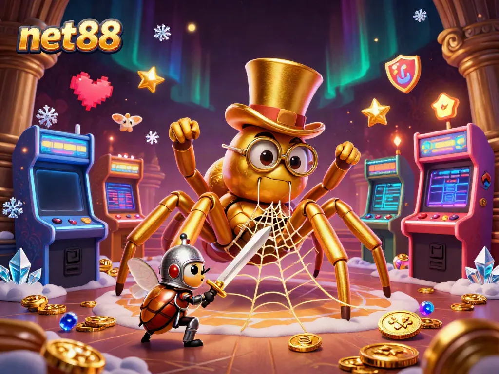Experience thrilling moments at net88 with a golden tarantula and beetle knight in a dynamic casino scene.