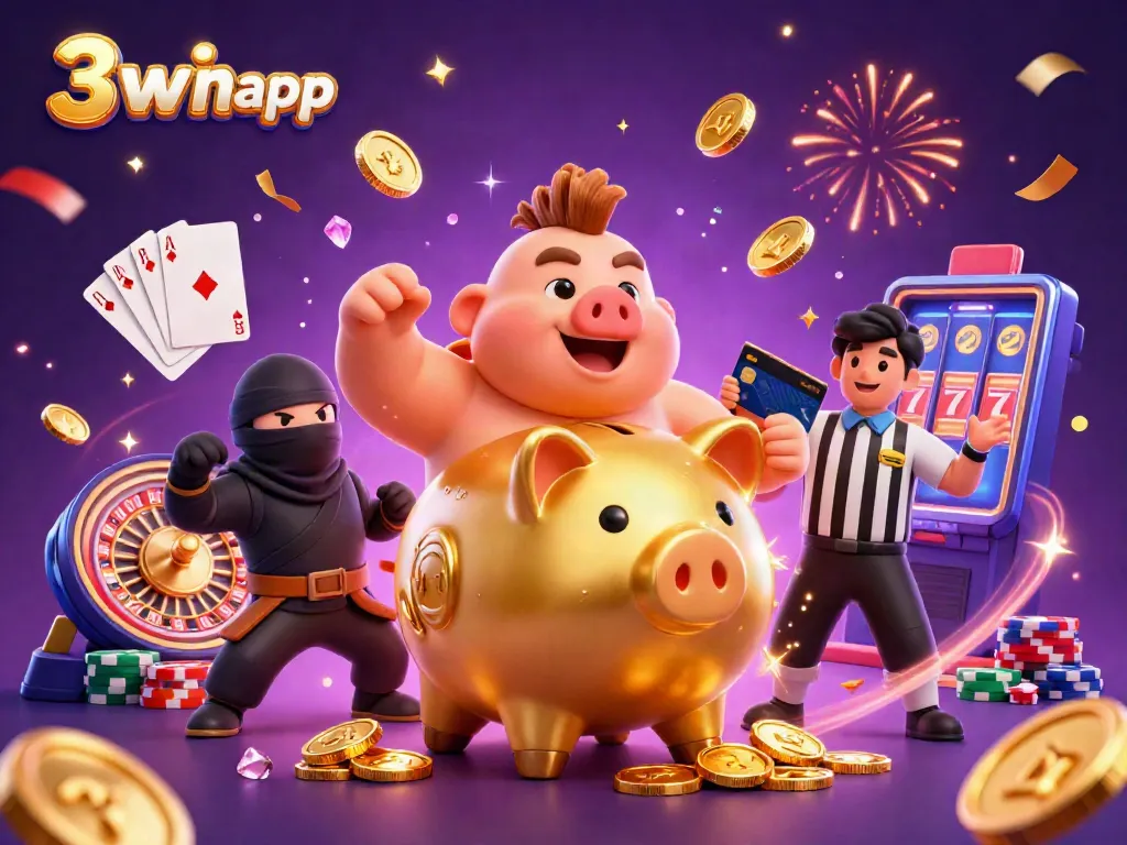 Engage with the exciting 3win app scene showcasing a sumo wrestler piggy bank and a credit-card samurai surrounded by golden coins and casino elements.