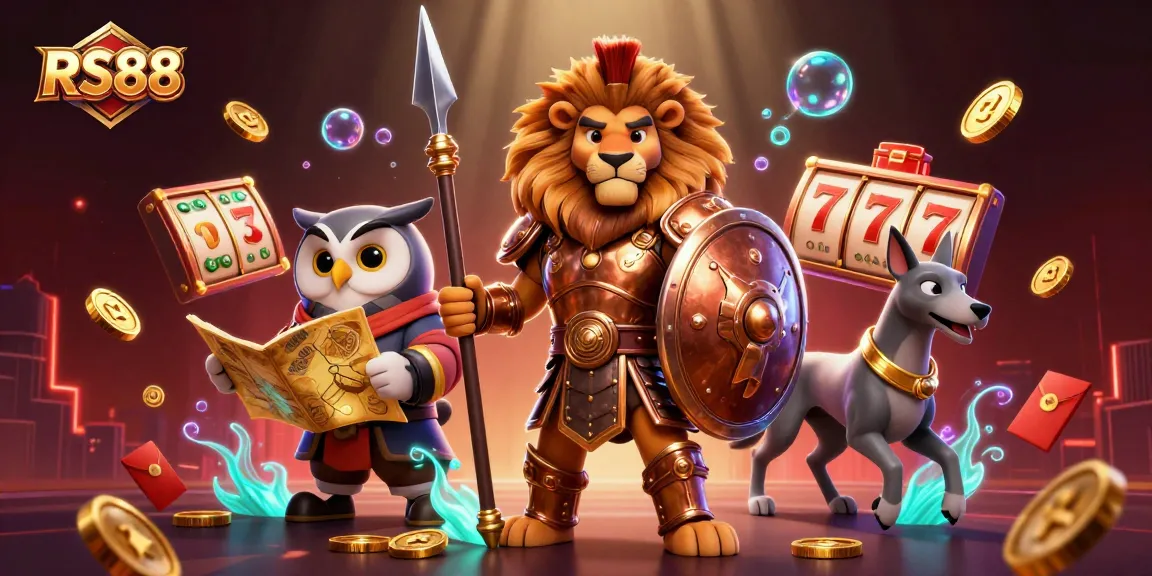 Experience the thrill of RS88 with dynamic casino elements like slot reels and coins in a vibrant 3D scene.
