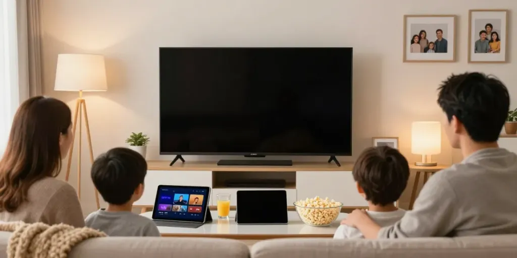 Family enjoying an IPTV subscribe experience in a cozy living room.
