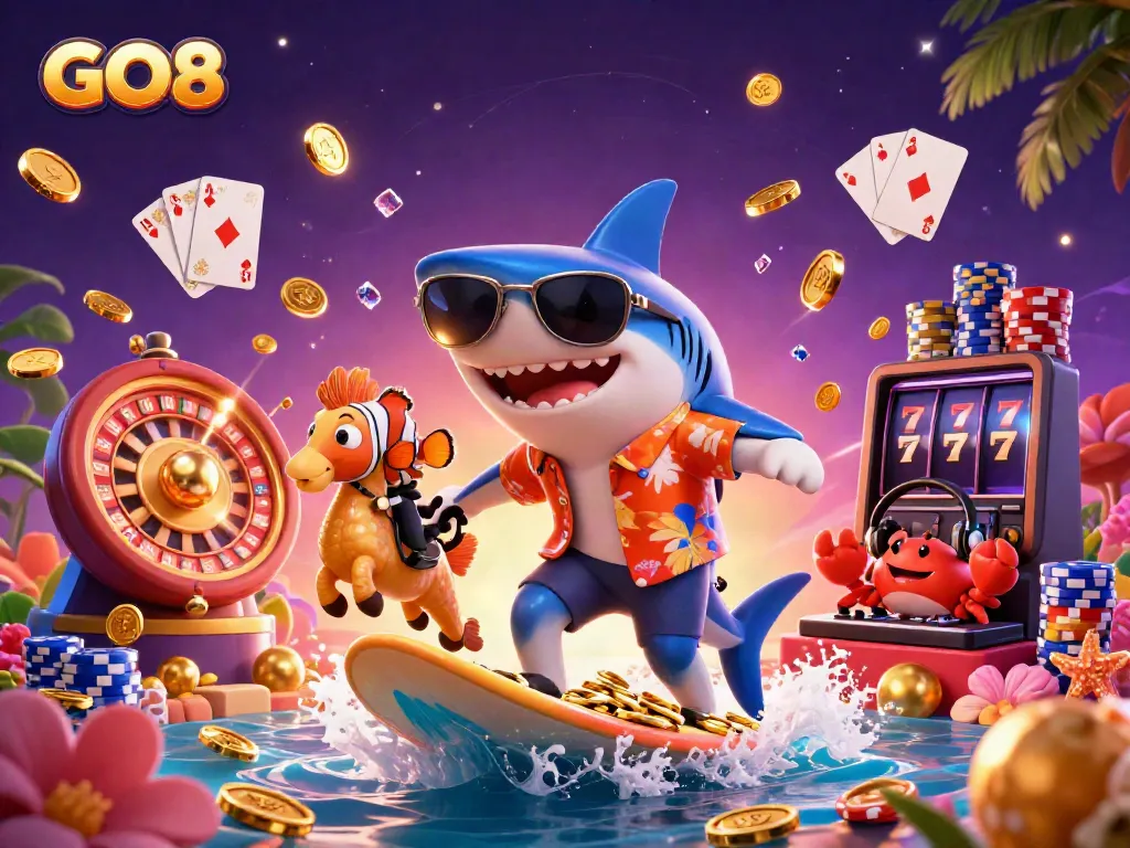 Experience the thrilling GO8 casino adventure with a shark, seahorse, and DJ in a vibrant 3D scene.