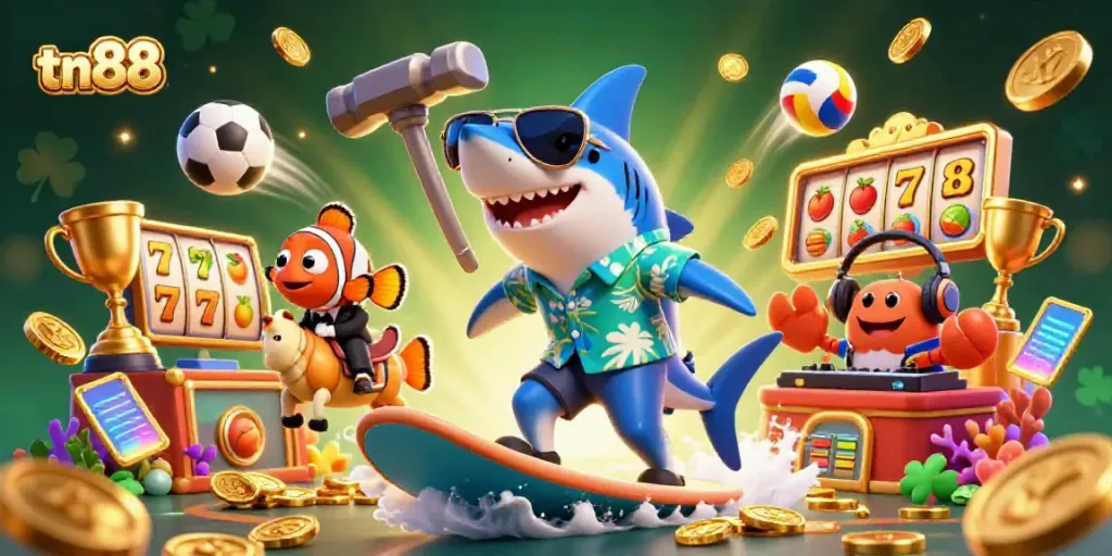 Engage with tn88's vibrant online casino experience featuring a shark, clownfish, and DJ elements.