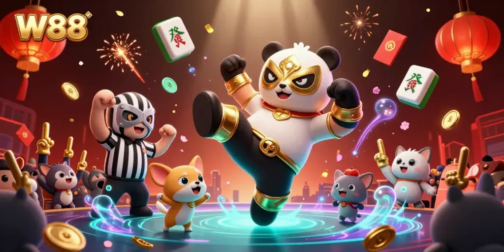 W88 offers vibrant online gaming with a lively panda wrestler surrounded by festive elements.