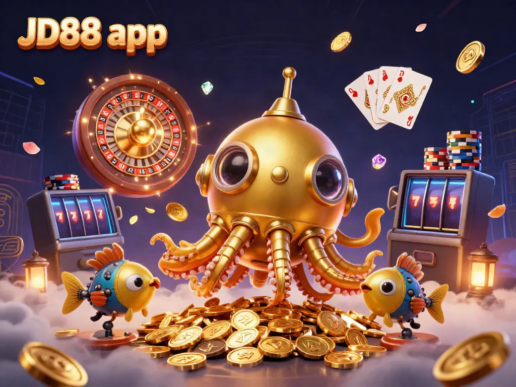 Win big with the JD88 app in this vibrant, casino-themed 3D scene filled with gold coins and dynamic gameplay elements.