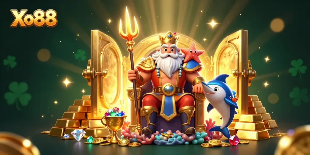 Engage with Xo88's exciting gaming experience featuring vibrant characters, treasures, and casino elements.