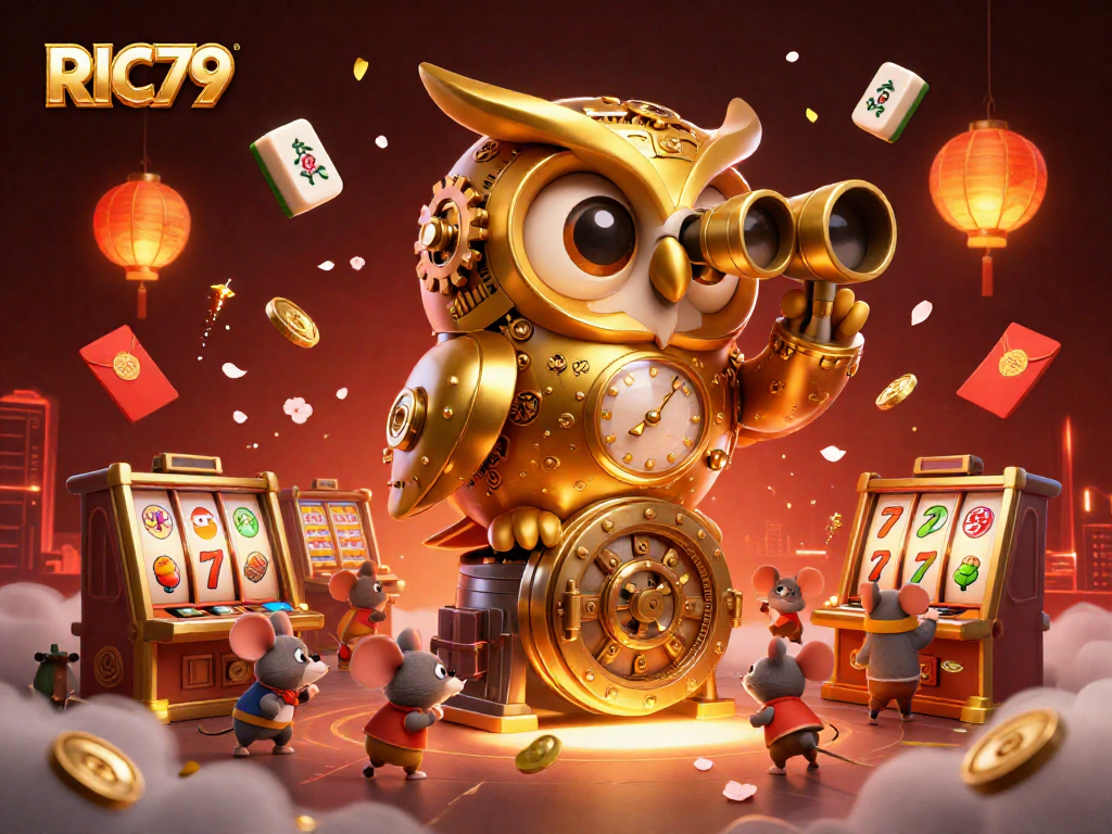 Experience the excitement of RIC79 casino with a golden owl overseeing slot machines and festive game elements.