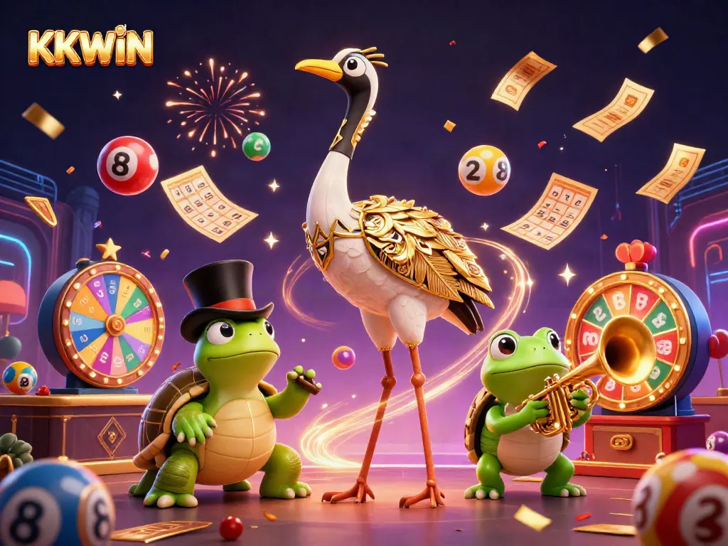 Experience excitement with KKWIN, featuring a lively scene of unique characters and vibrant casino elements.