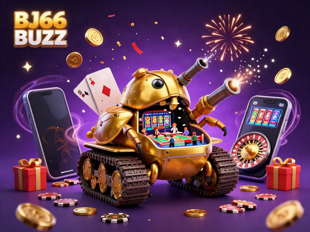 Engage with BJ66 BUZZ's vibrant casino atmosphere featuring a golden beetle tank and dynamic slot gaming.