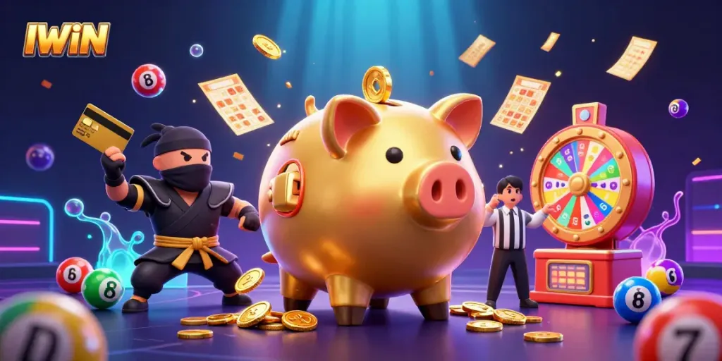 IWIN showcases dynamic gaming action with animated casino characters surrounded by colorful lottery elements.