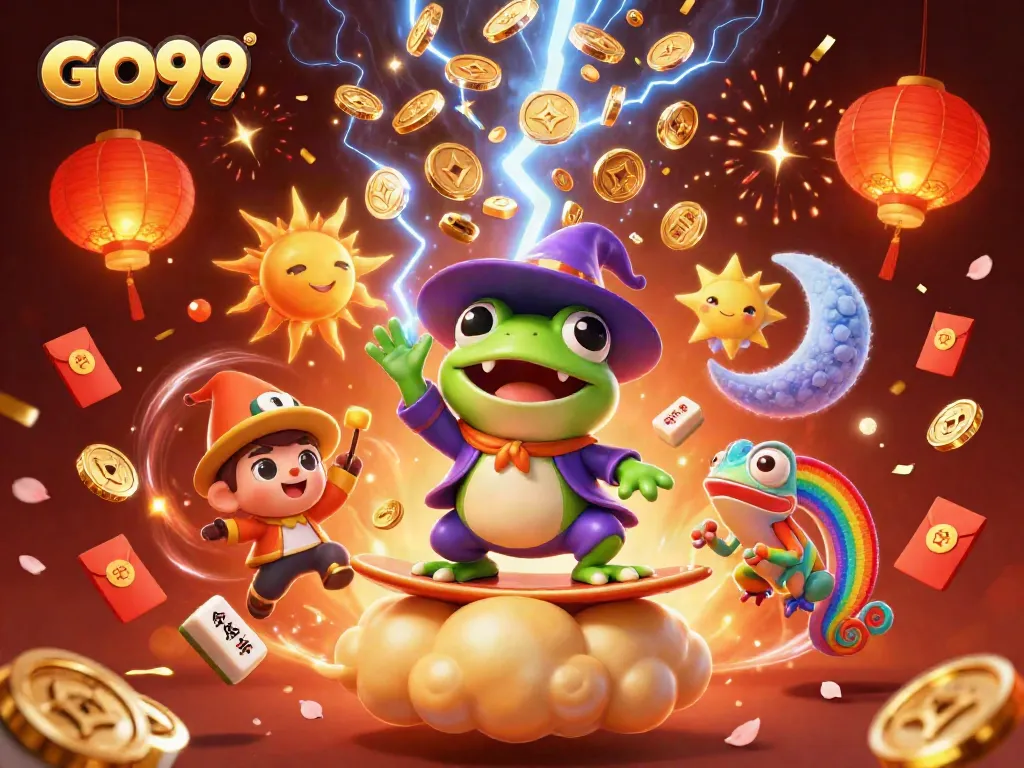 Experience the vibrant world of GO99, where a wizard frog conjures golden coins amidst festive gaming elements.