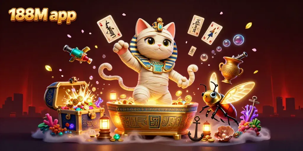 Engage with the thrilling 188M app experience featuring a cartoon mummy cat in a rich casino scene.