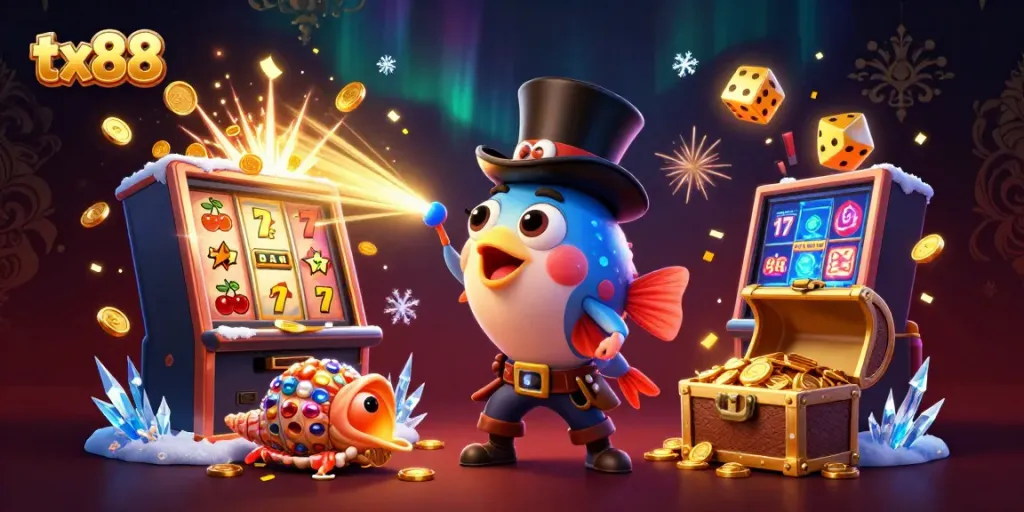 Experience the thrill of tx88 with a vibrant casino scene featuring animated characters and exciting game elements.