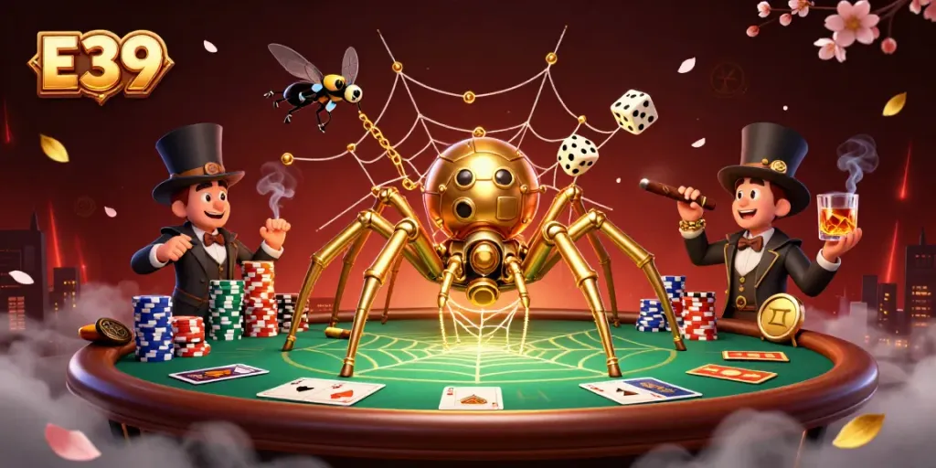 Experience thrilling gaming with E39, featuring dynamic poker elements and a whimsical spider character.