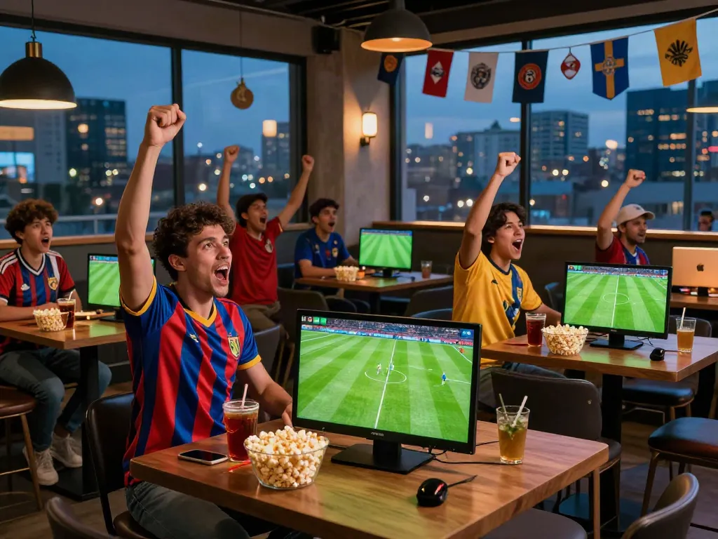 Cakhiatv fans enjoying high-definition football match in a lively lounge.