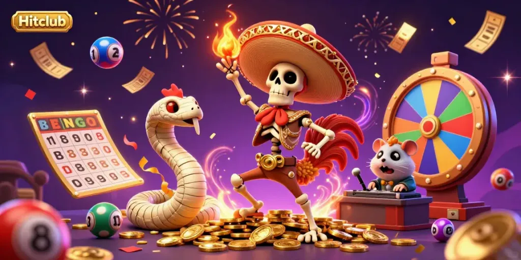 Hitclub celebrates with a triumphant casino scene featuring lively characters and dynamic game elements.