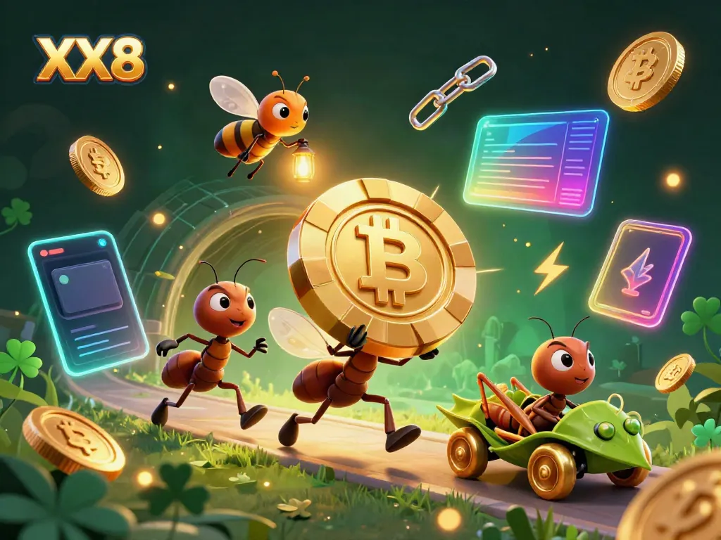 Exciting XX8 scene with ants and a grasshopper heist enriched by neon crypto elements.