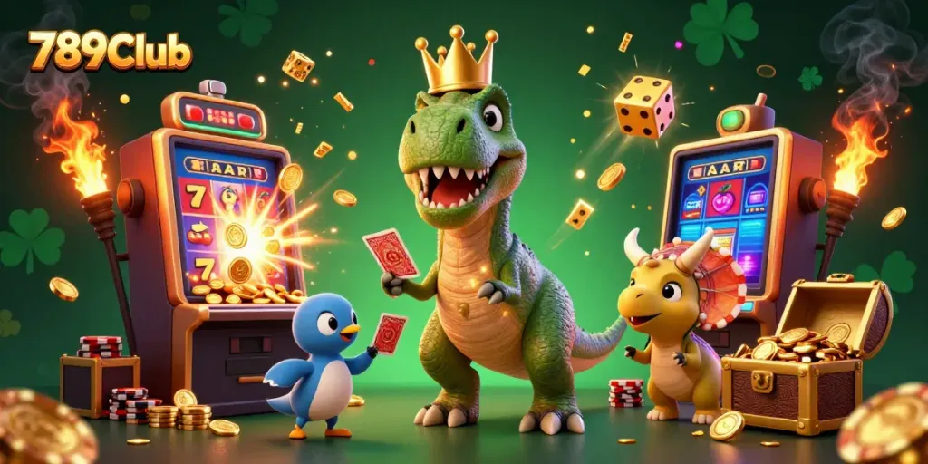 Engage with the lively setting at 789Club featuring a T-Rex shuffling cards and vibrant casino elements.