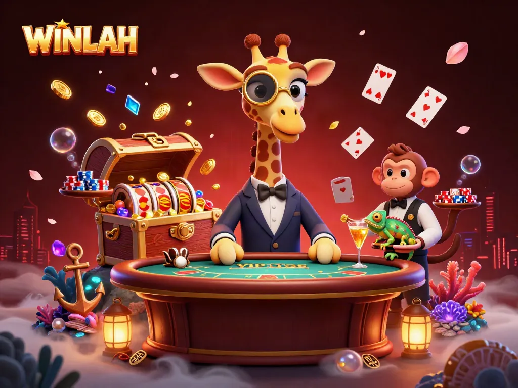 Experience the excitement of WINLAH with a high-roller giraffe at a poker table surrounded by vibrant casino elements.