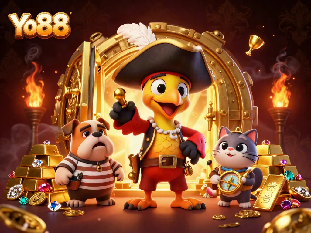 Experience the thrill at Yo88 with vibrant 3D characters and golden treasures in this exciting casino illustration.