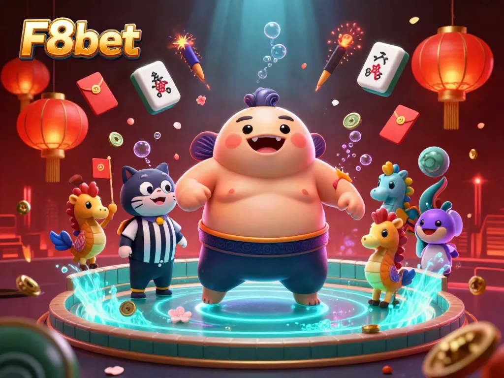 Engage with F8bet's underwater casino scene featuring a fugu in a sumo belt surrounded by festive elements.