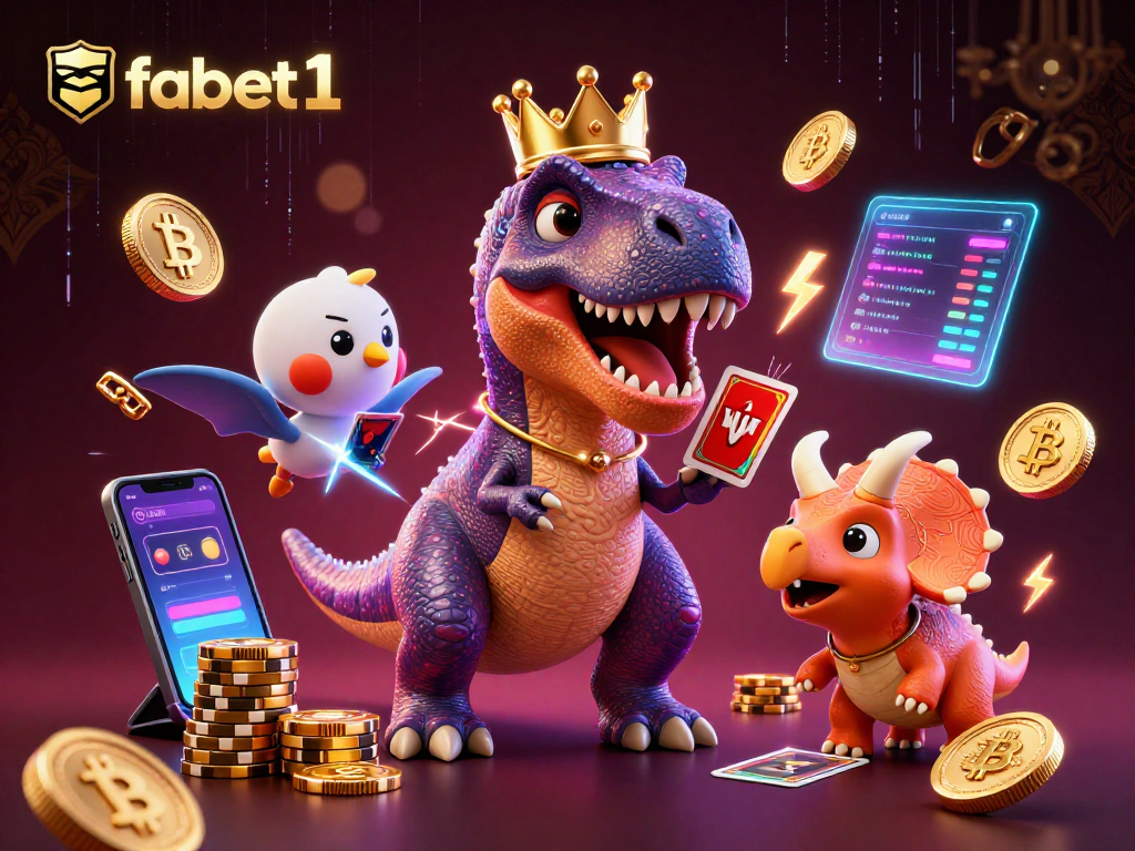 Get ready at fabet1 as friendly dinosaur characters shuffle cards and stack chips in a vibrant 3D casino.