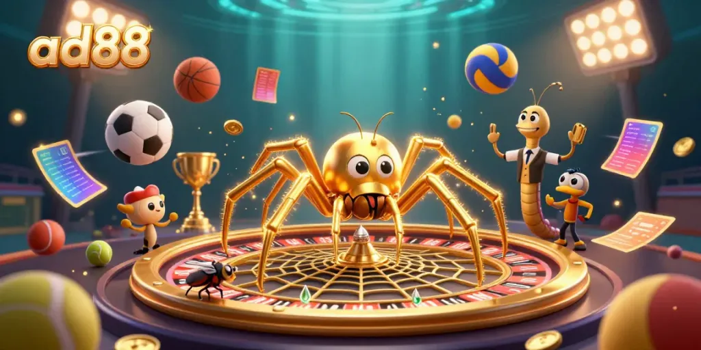 Experience thrilling bets at ad88 with a golden spider, croupier, and dynamic sports elements.