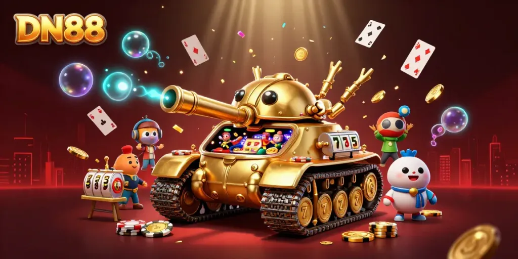 Experience thrilling action with DN88’s dynamic casino scene featuring a golden beetle tank and lively gaming elements.