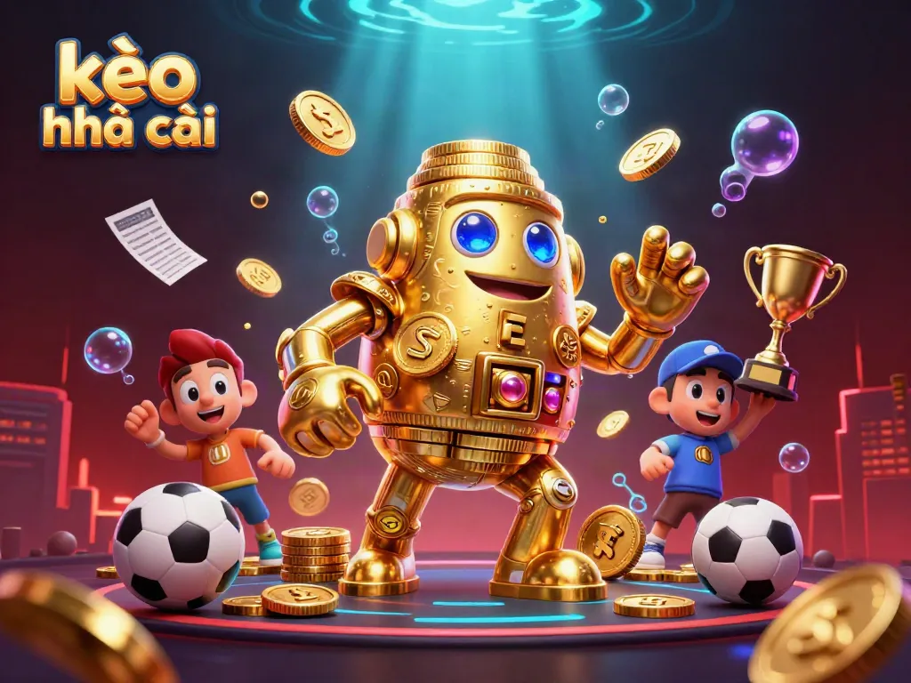 Engaging kèo nhà cái scene with a golden golem and sports elements in vibrant 3D illustration.