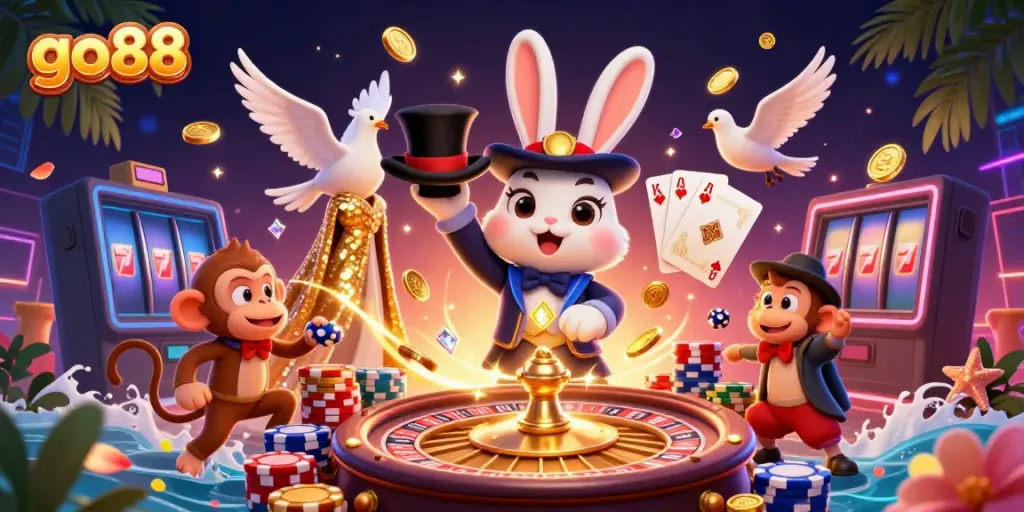 Experience the magic of go88 with vibrant characters and lively casino elements illustrating online gaming excitement.