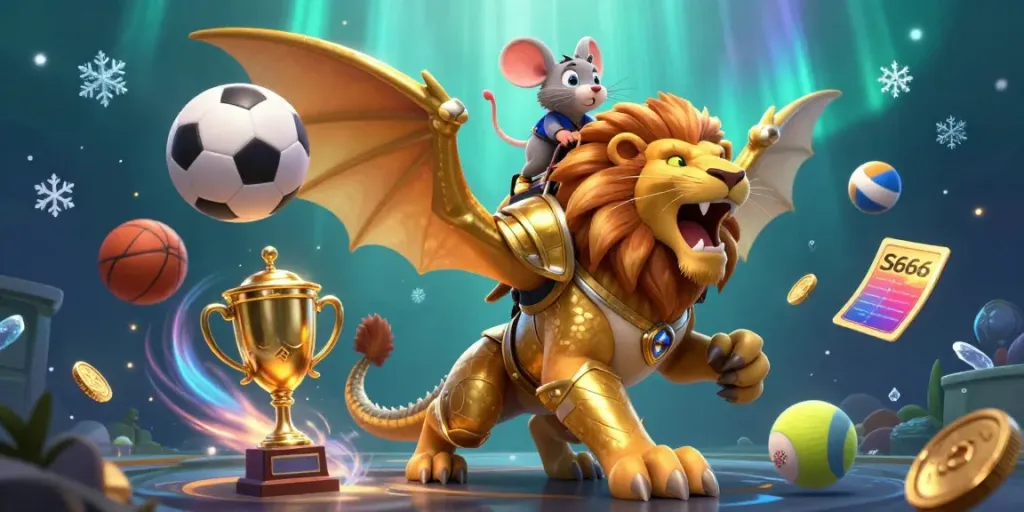 S666, an online casino symbolizing triumph, surrounded by flying sports elements in a vibrant scene.
