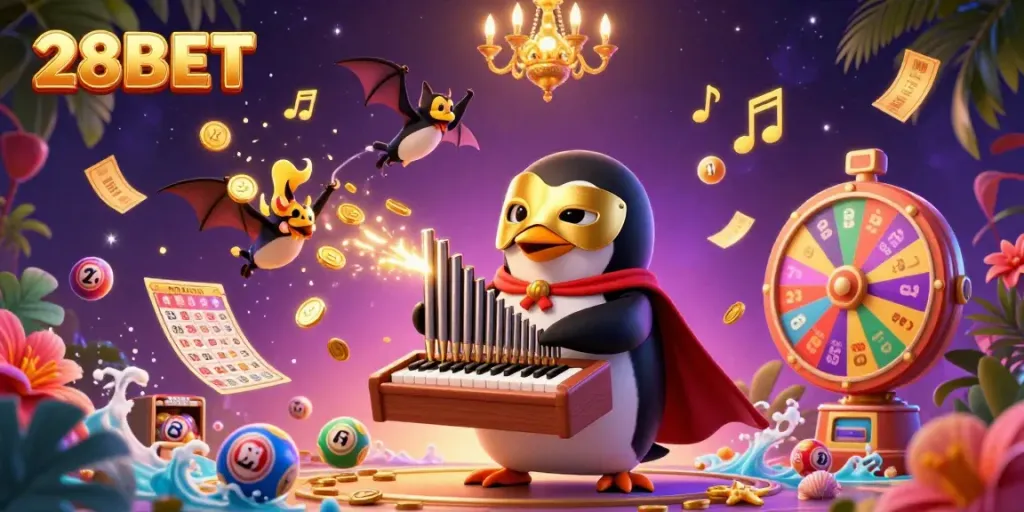 Experience thrilling rewards with 28BET in this vibrant 3D gambling illustration featuring a penguin playing a golden organ.