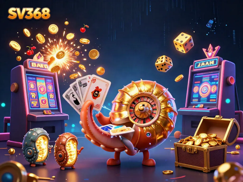 Experience thrilling gameplay at SV368 with a dazzling casino scene featuring a golden nautilus roulette wheel.