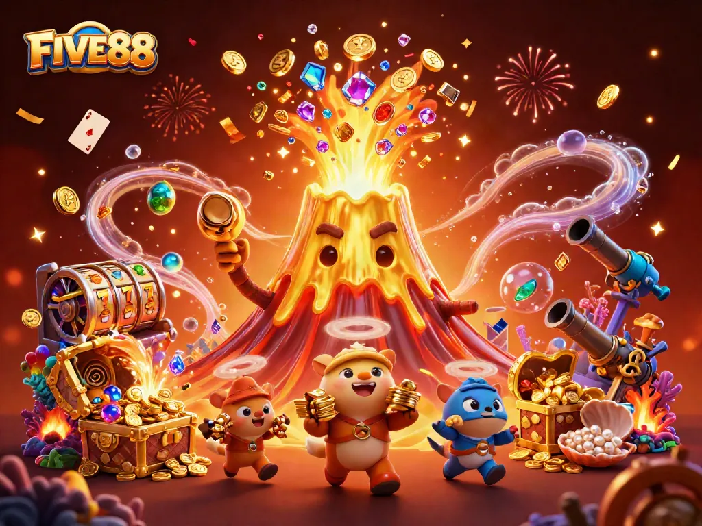 FIVE88 offers an immersive, animated casino experience with vibrant treasures and dynamic slot action.