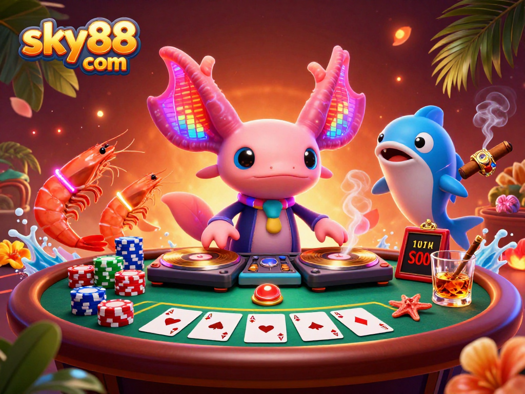 Experience thrilling wins with sky88 com as a neon-colored axolotl DJ spins in a vibrant casino scene.