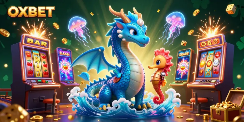 Experience thrilling slots with OXBET's dynamic casino scene featuring a dragon, knight, and jackpot.