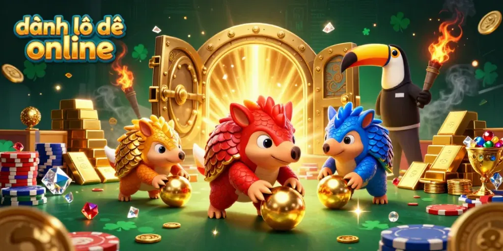 Engaging scene of rival pangolins in colorful armor bowling through poker chips while showcasing the excitement of đánh lô đề online.