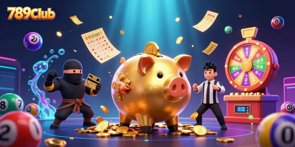 Experience thrilling action with 789Club's vibrant casino elements featuring a golden piggy bank and colorful lottery balls.