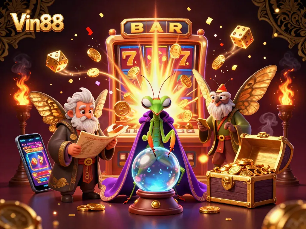 Engage players with Vin88's thrilling slots, showcasing a fortune teller's mystical insight and dynamic casino atmosphere.