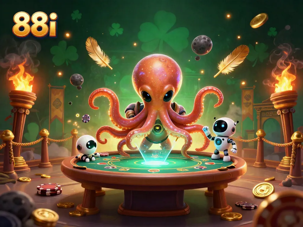 Engage in thrilling gameplay with the 88i alien octopus at a holographic poker table.