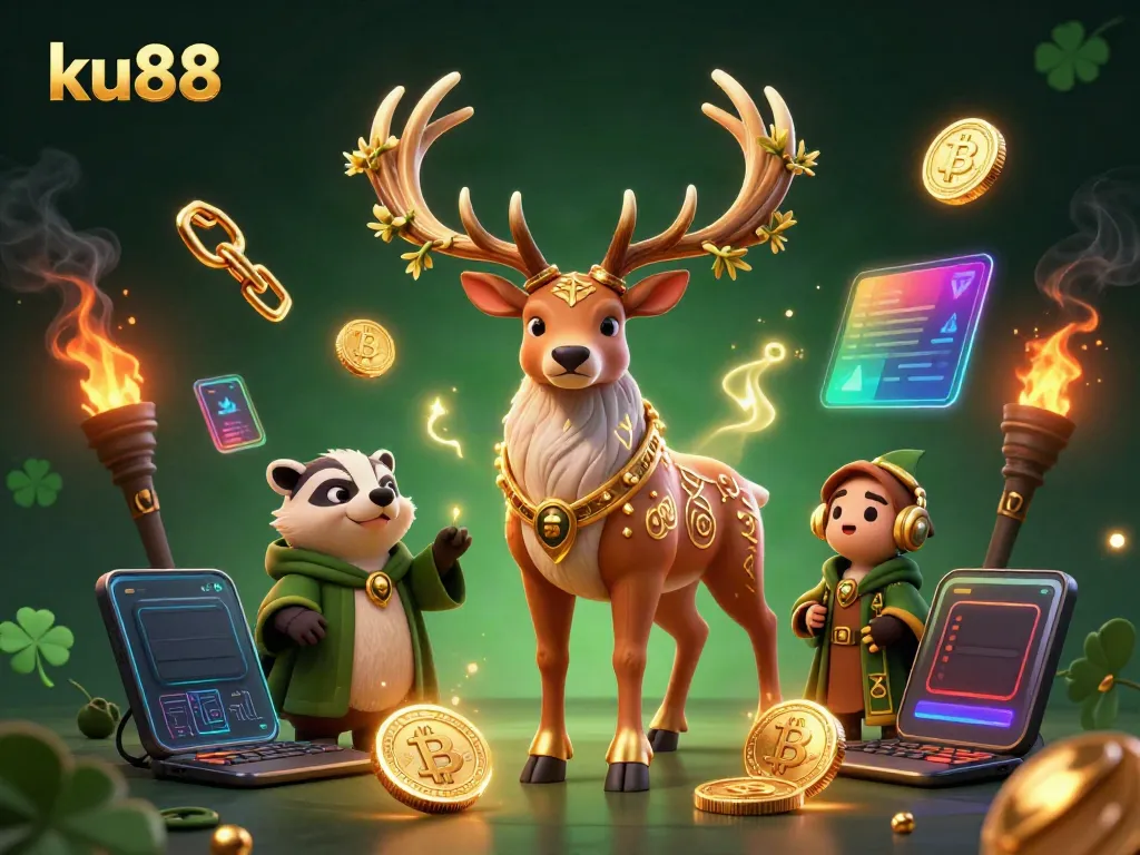 Experience the vibrant ku88 gaming scene with a Celtic druid stag and a wise badger among glowing Ethereum coins.