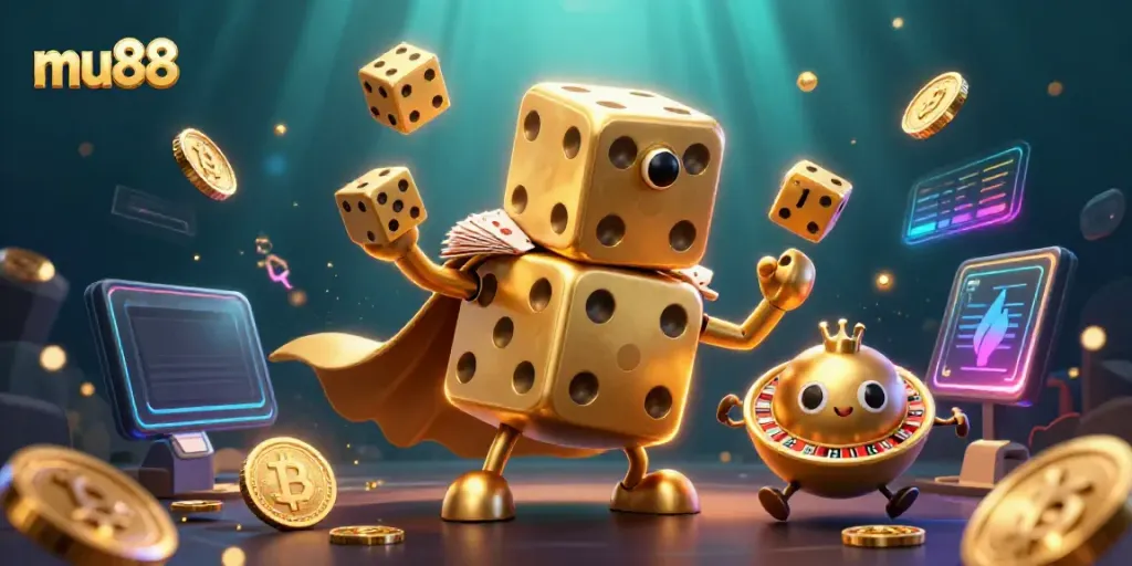 Engage in the thrilling world of mu88 casino with whimsical golden dice and digital coins.